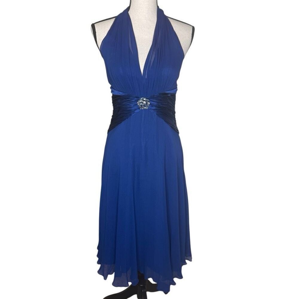 Vtg Y2K Maggy London  Blue Silk Bejeweled Backless Halter Dress Sz 8